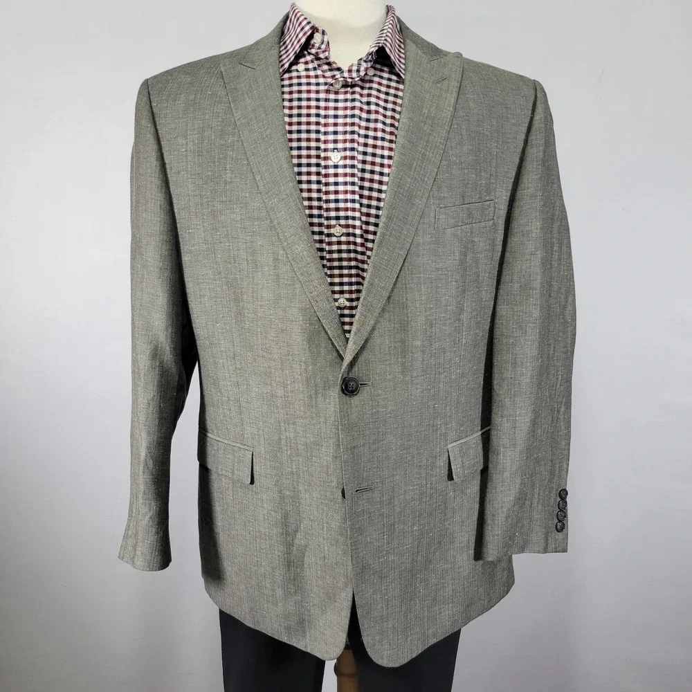 Calvin Klein Men's Sport‎ Coat Blazer Two Button Gray Herringbone Linen Wool 46R